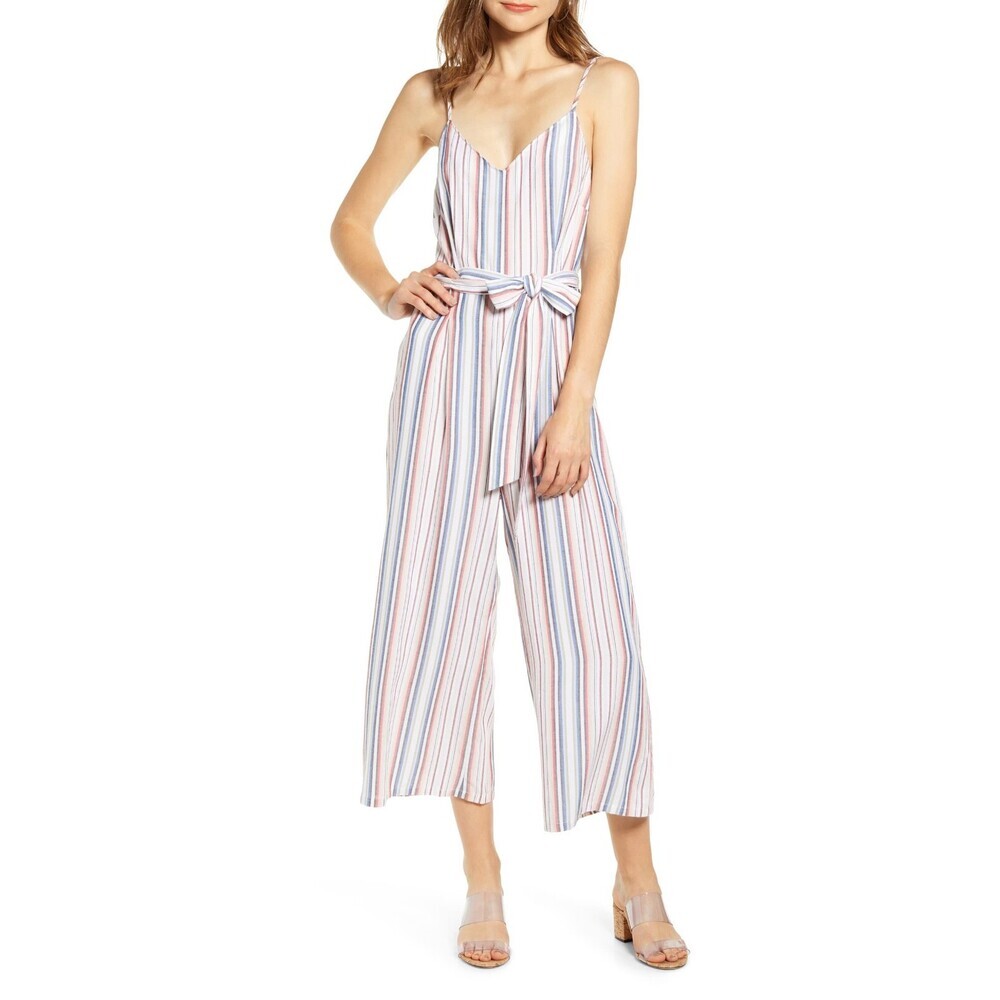Love, Fire Women's Belted Jumpsuit Blue Sunset Stripe Size S